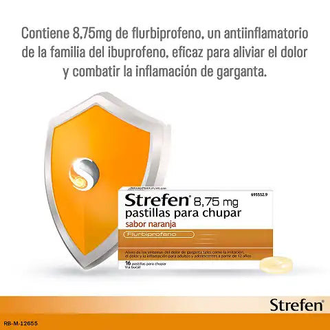 STREFEN 8,75 mg SABOR NARANJA SIN AZÚCAR 16 PASTILLAS PARA CHUPAR